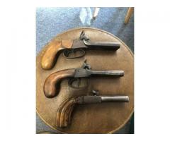 SET OF THREE Double Barrel 40cal Coat Pistols ANTIQUE Belgian Husqvarna