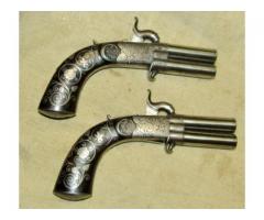 Beautiful Pair of J Lang British Swivel Over Under Percussion Pistols 1850s